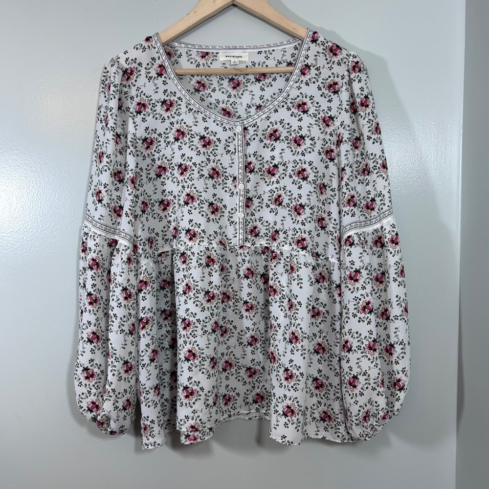 Max Studio Floral Babydoll Blouse White Pink Balloon Sleeve Top Large